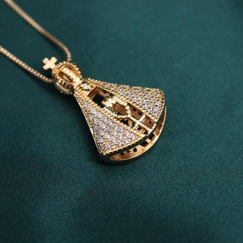 Colar Feminino Nossa Senhora Aparecida Banhado a Ouro 18k + Pedras de Zircônia (Dupla Face)