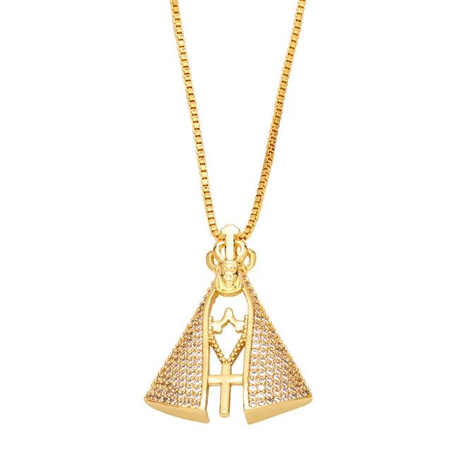 Colar Feminino Nossa Senhora Aparecida Banhado a Ouro 18k + Pedras de Zircônia (Dupla Face)