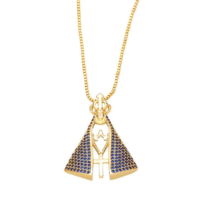 Colar Feminino Nossa Senhora Aparecida Banhado a Ouro 18k + Pedras de Zircônia (Dupla Face)
