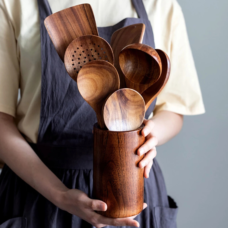 Kit Utensílios de Cozinha 7 Peças de Madeira