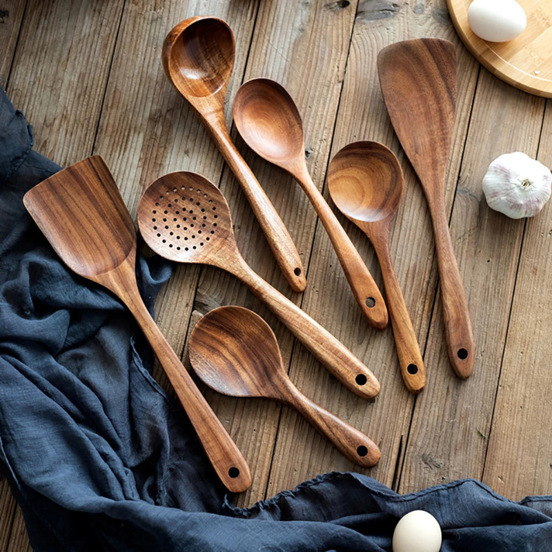 Kit Utensílios de Cozinha 7 Peças de Madeira