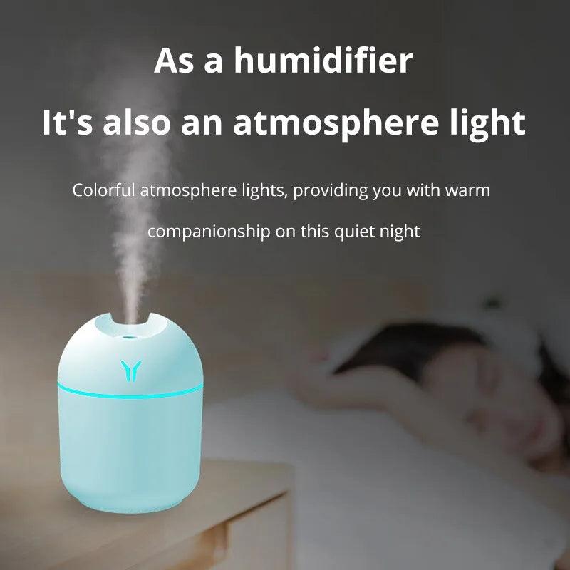 Mini Umidificador de Ar Ultra-Sônico Branco, Luz Romântica, USB, Difusor de Óleo Essencial, Purificador de Carro, Aroma Anion Mist Maker, 250ml