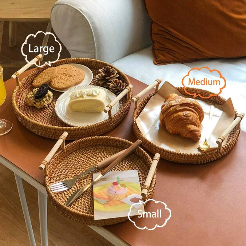 Bandeja Decorativa Redonda de Vime em Rattan Feita a Mão