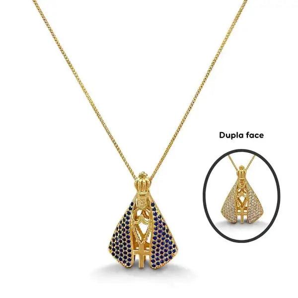 Colar Feminino Nossa Senhora Aparecida Banhado a Ouro 18k + Pedras de Zircônia (Dupla Face)